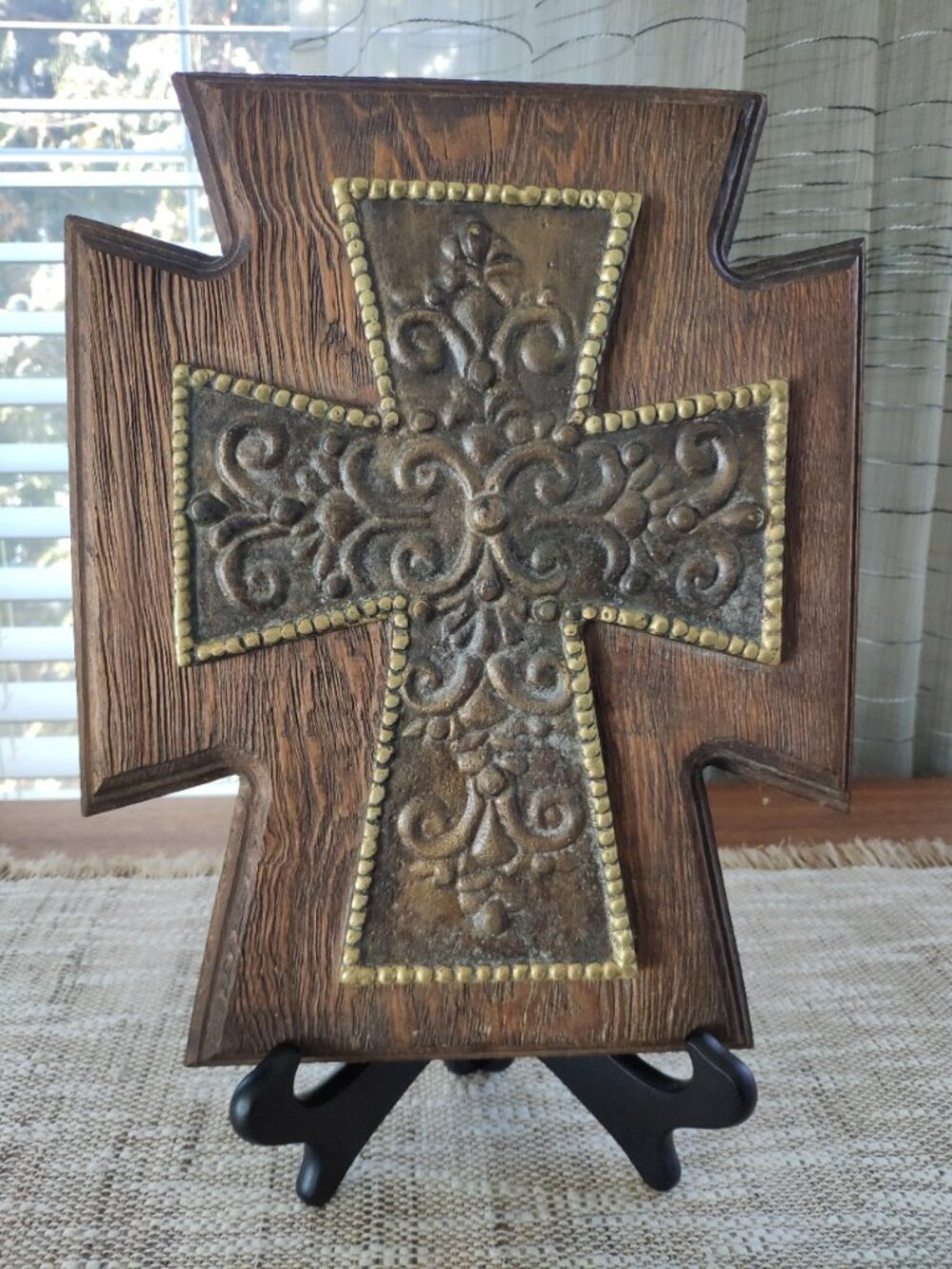 Bronzed Brass Byzantine Cross on Wood, VTG Large Rustic Gothic Crucifix 11.5"